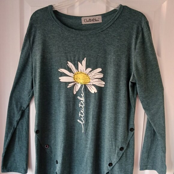 Cherie Bliss Women's Top Large Grey "Let It Be" Sunflower Buttons Embellishment - Picture 1 of 7